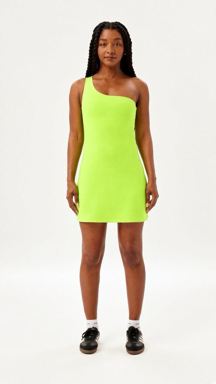 Girlfriend Collective Bianca Athletic One Shoulder Mini Dress Lime Green Size L